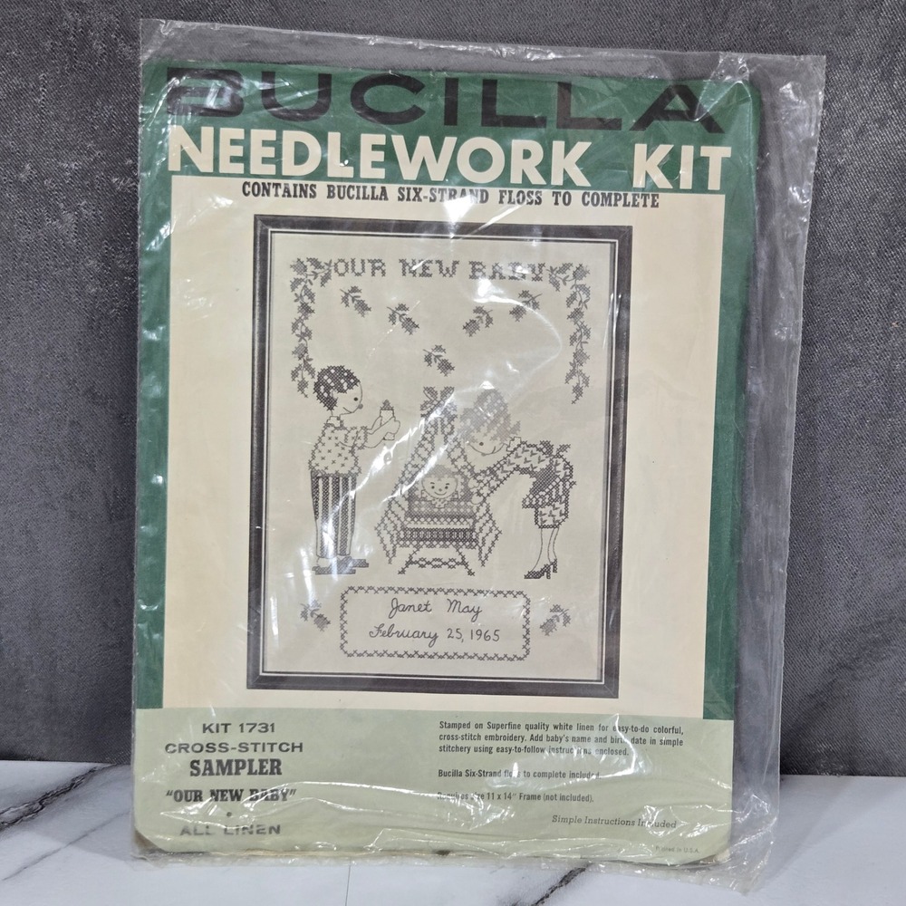 Vintage Bucilla New Baby Cross Stitch Birth Record Sampler Kit 1731 Linen NOS